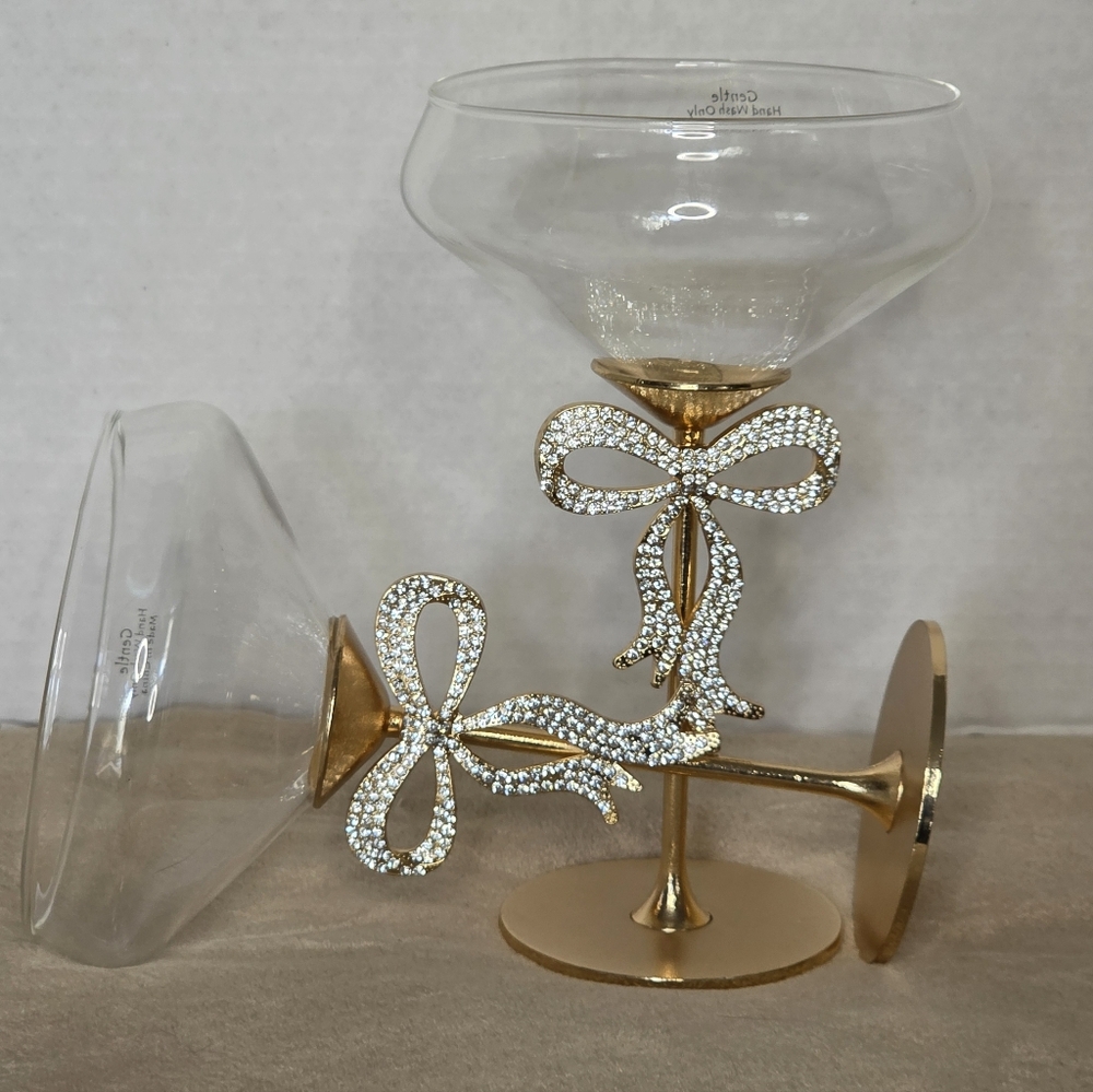 Set Of 2 Gold Bow Rhinestone Cocktail Glasses
